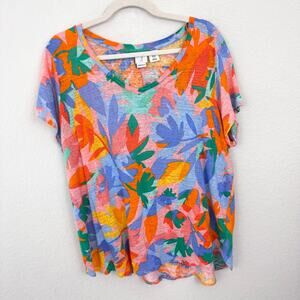 Joie Womens 100% Linen T Shirt Top Size 1X Summer Tropical Vacation Orange